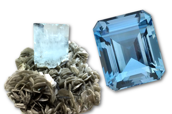 Aquamarin uneschliffen und geschliffen Aquamarin uneschliffen und geschliffen